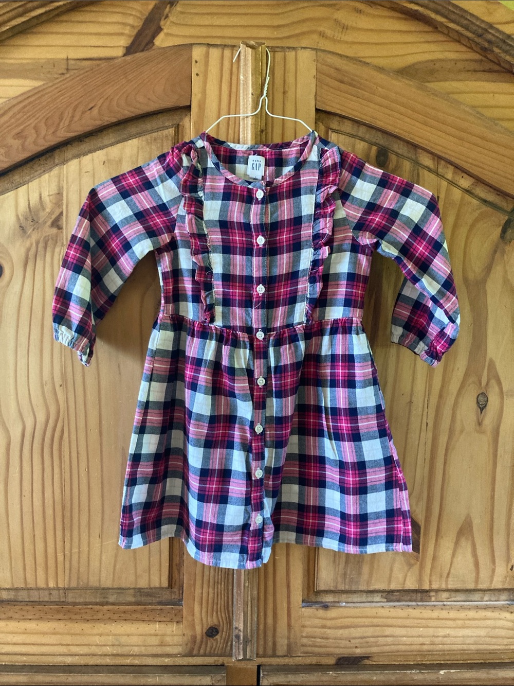 Girls Gap pink blue white plaid long sleeve dress size 4T